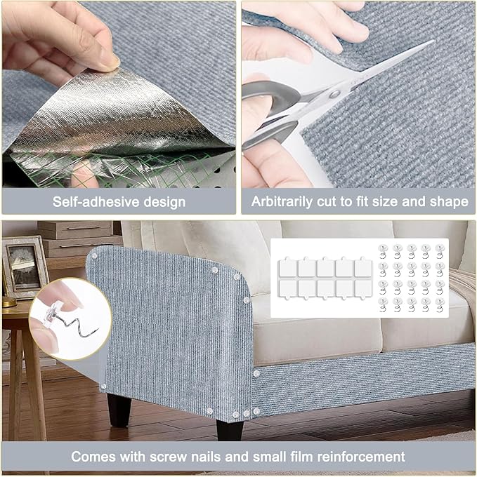 Cat Scratching Mat, 118.5"x15.9" Trimmable Self-Adhesive Cat Scratch Carpet, Couch Protector from Cats Claws, Furniture Corner Protectors for Cats, Indoor Furniture Protection for Chair (Light Gray)