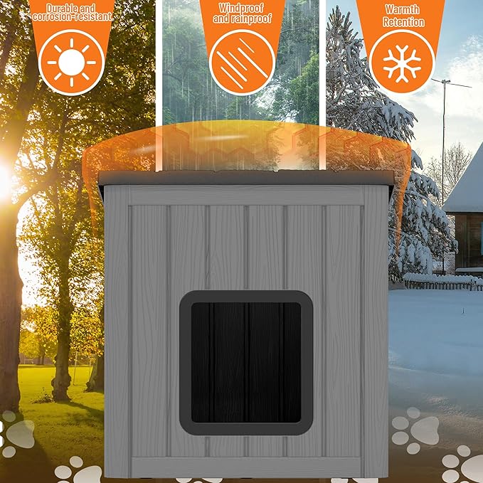 KAMABOKO Outdoor Cat House, Outside Multiple Kitty Feral Cat Houses, Weatherproof Shelter for Ferrel Cats and Dogs, Durable PP Material, Sloping Roof (Gray & Black)