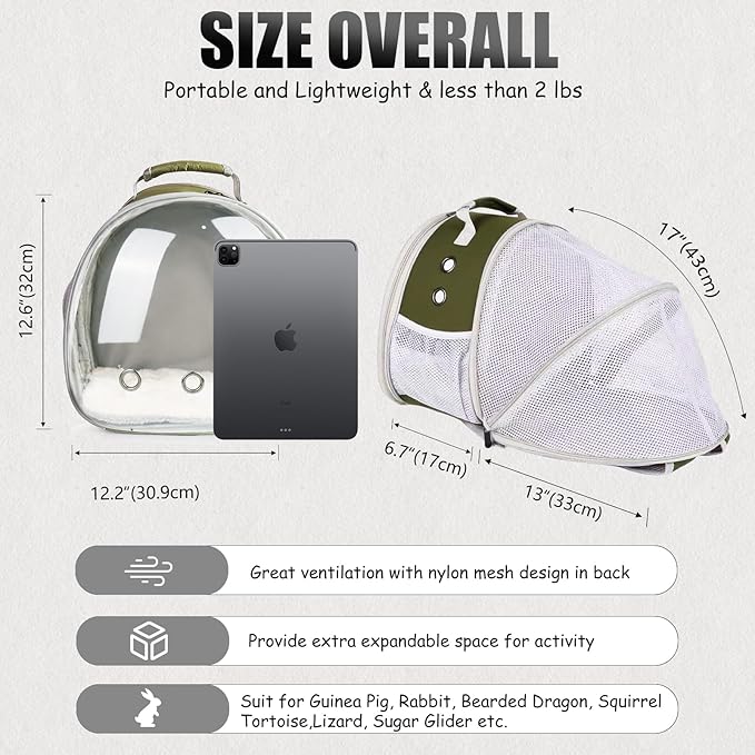 Back Expandable Backpack for Small Animals, Portable Travel Bag Breathable Pet Carrier Cages for Bunny, Guinea Pig, Bearded Dragon, Lizard, Rabbit, Squirrel, Tortoise, Kitten, Sugar Glider