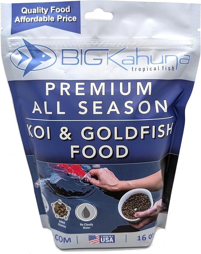 BIG Kahuna Koi Fish Food- 1lbs Food – Made in The USA - Koi Food Floating Pellets – 3/16" - 1/4" Pellet Size – 32% Protein Fish Food – Rich in Nutrients