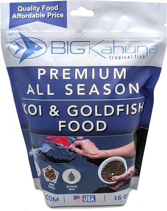 BIG Kahuna Koi Fish Food- 1lbs Food – Made in The USA - Koi Food Floating Pellets – 3/16" - 1/4" Pellet Size – 32% Protein Fish Food – Rich in Nutrients