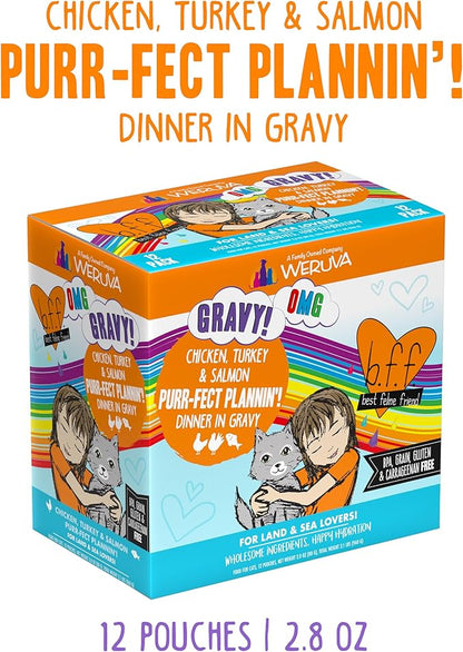 Weruva B.F.F. OMG - Best Feline Friend Oh My Gravy!, Purr-FECT Plannin'! with Chicken, Turkey & Salmon in Gravy Cat Food, 2.8oz Pouch (Pack of 12)