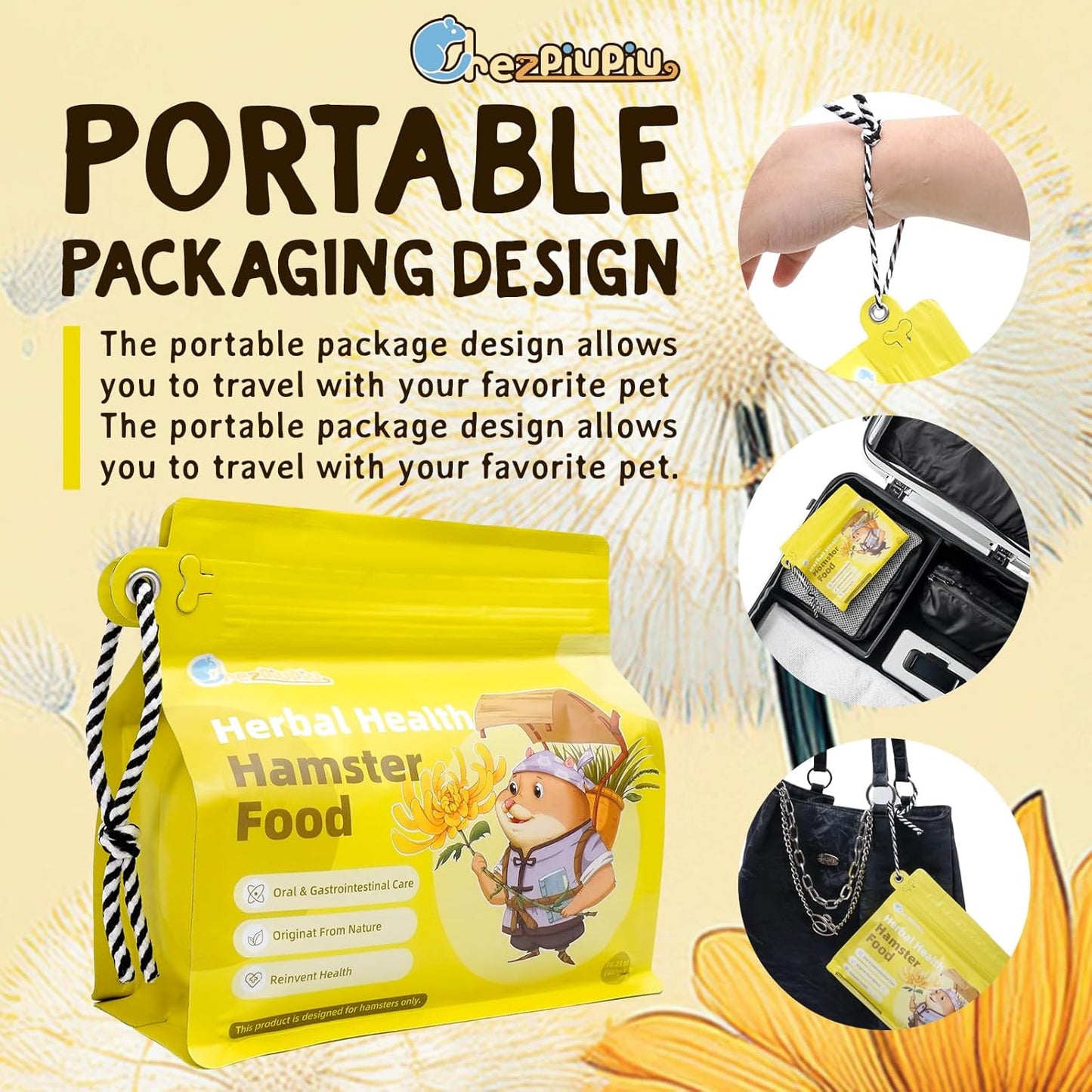 Dry Hamster Food Herbal Natural Flavor 16.23oz Portable Hamster Food Travel Pack for Outdoor Feeding Supports Oral and Digestive Health Relieves Inflammation