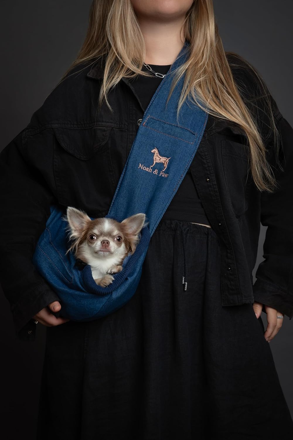 Noah & Paw Dog Sling Carrier for Small Dogs 3-10lb, Dog Sling for Small Dogs and Cats, Dog Carrier with Adjustable Padded Strap, Vegan Denim Lined with Fur, 3X Safety Features, Machine Washable