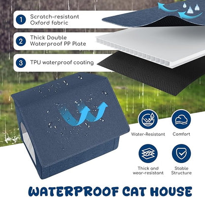 Outdoor Cat House Weatherproof, Insulated Cat Houses for Outdoor/Indoor Cats for Winter, Waterproof Feral Stray Cat Shelter with Warm Cushion and Door Curtain, Easy to Assemble, Navy Blue