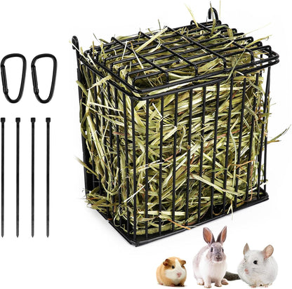 New Upgraded Rabbit Hay Feeder,Comes with Lid to Prevent Critters from Jumping in,Metal Frame Hay Rack with Adjustable Hook,for Rabbits Guinea Pigs Bunny Chinchillas Small Animals (Black)