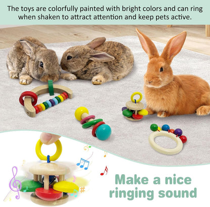 PINVNBY 4 PCS Wooden Rabbit Toys Interactive Bunny Toys Multi-Colored Guinea Pigs Toys Indoor Outdoor Playing Teeth Grinding Toys for Chinchillas Hamsters Rats and Other Small Animals