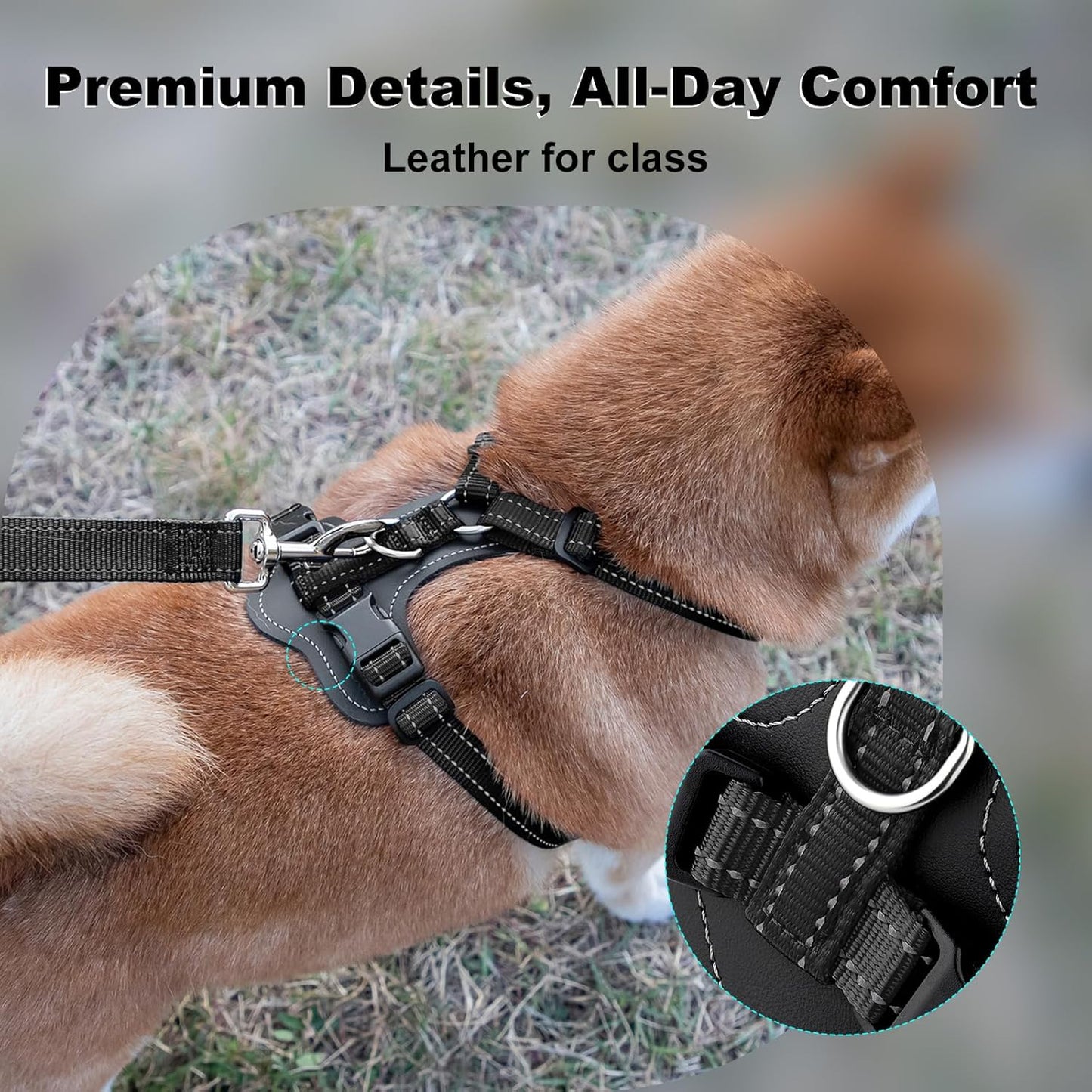 Plutus Pet Adjustable No Pull Dog Harness with Leather Accents, Heavy Duty Reflective Nylon Vest for Training, Hiking, Easy Walk Harness for Small, Medium, Large Dogs (Black, XL)