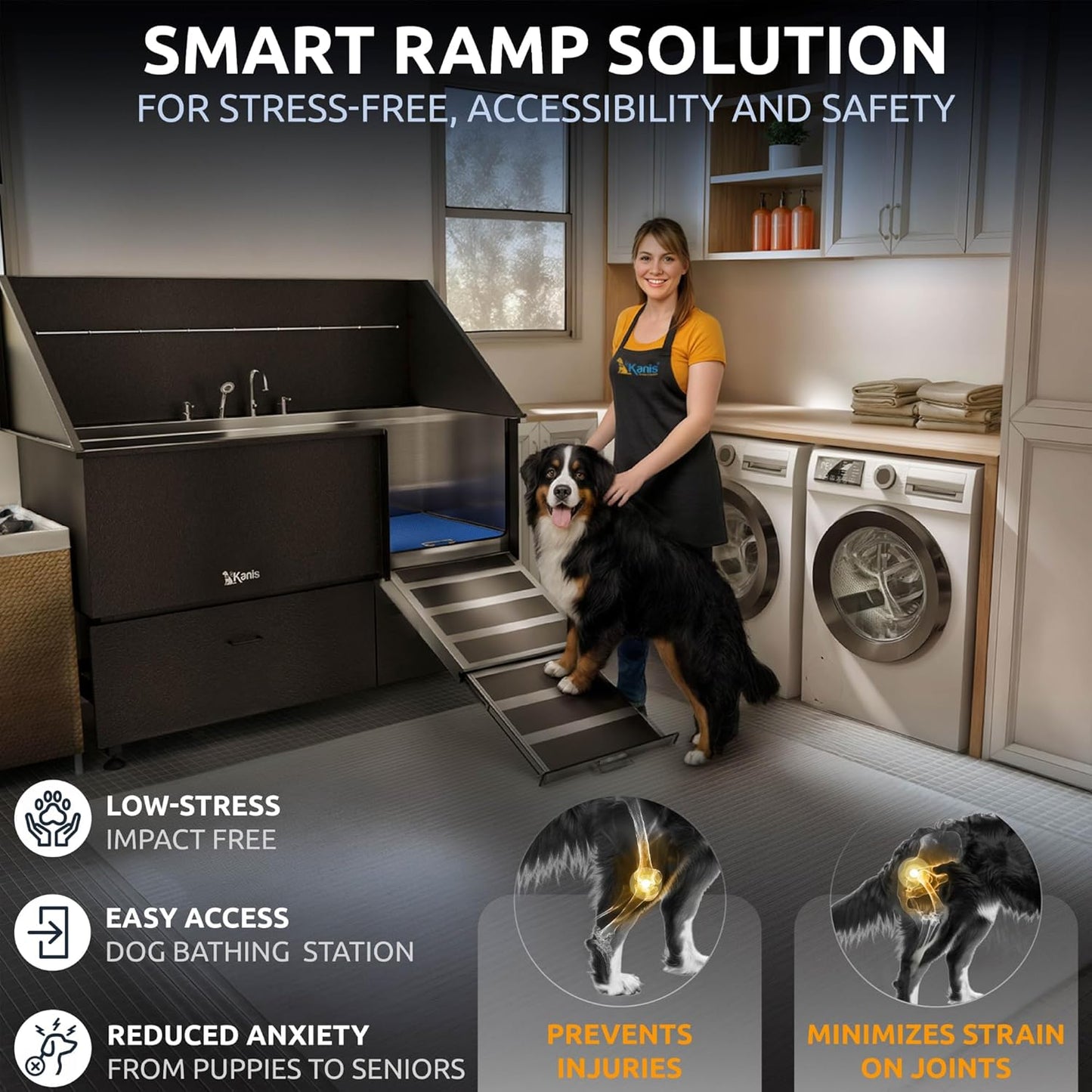 KANIS Black Line Professional Dog Washing Station - 304 Stainless Steel Pet Wash Sink & Grooming Bathtub w/Shower, Floor Grates and Storage for Large, Medium & Small Pets (61", 2 Drawers - Right Ramp)