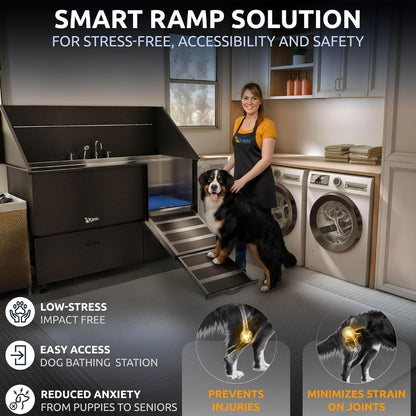 KANIS Black Line Professional Dog Washing Station - 304 Stainless Steel Pet Wash Sink & Grooming Bathtub w/Shower, Floor Grates and Storage for Large, Medium & Small Pets (61", 2 Drawers - Right Ramp)