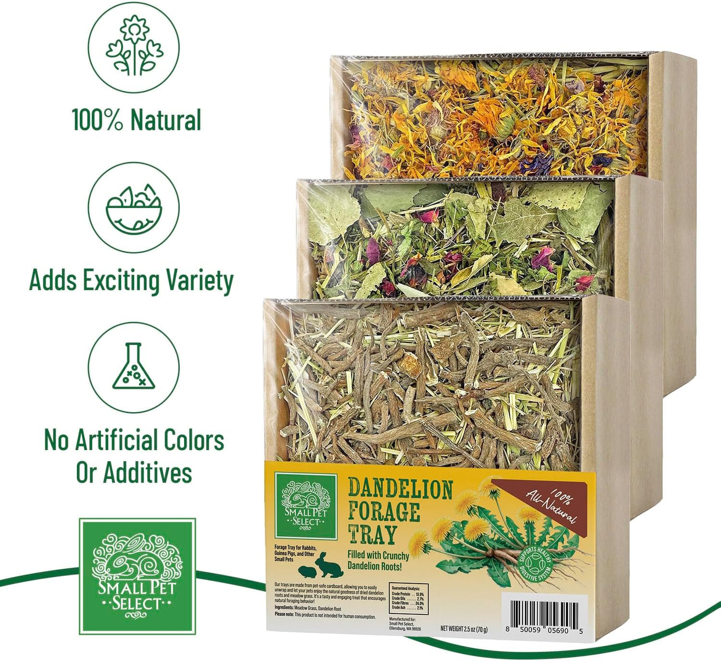 Small Pet Select Forage Tray Bundle, 3 Pack of Foraging Trays for Rabbit, Guinea Pig, Hamster or Bunny - Natural Treats, Dandelion, Flower, Herb Mix 2.5oz Each