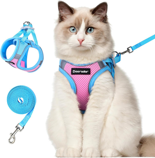 Dooradar Cat Harness and Leash Set, Escape Proof Lightweight Kitten Harness, Soft Breathable Reflective Vest for Outdoor Walking Traveling, Adjustable for Large Cats, Pink & Blue, L