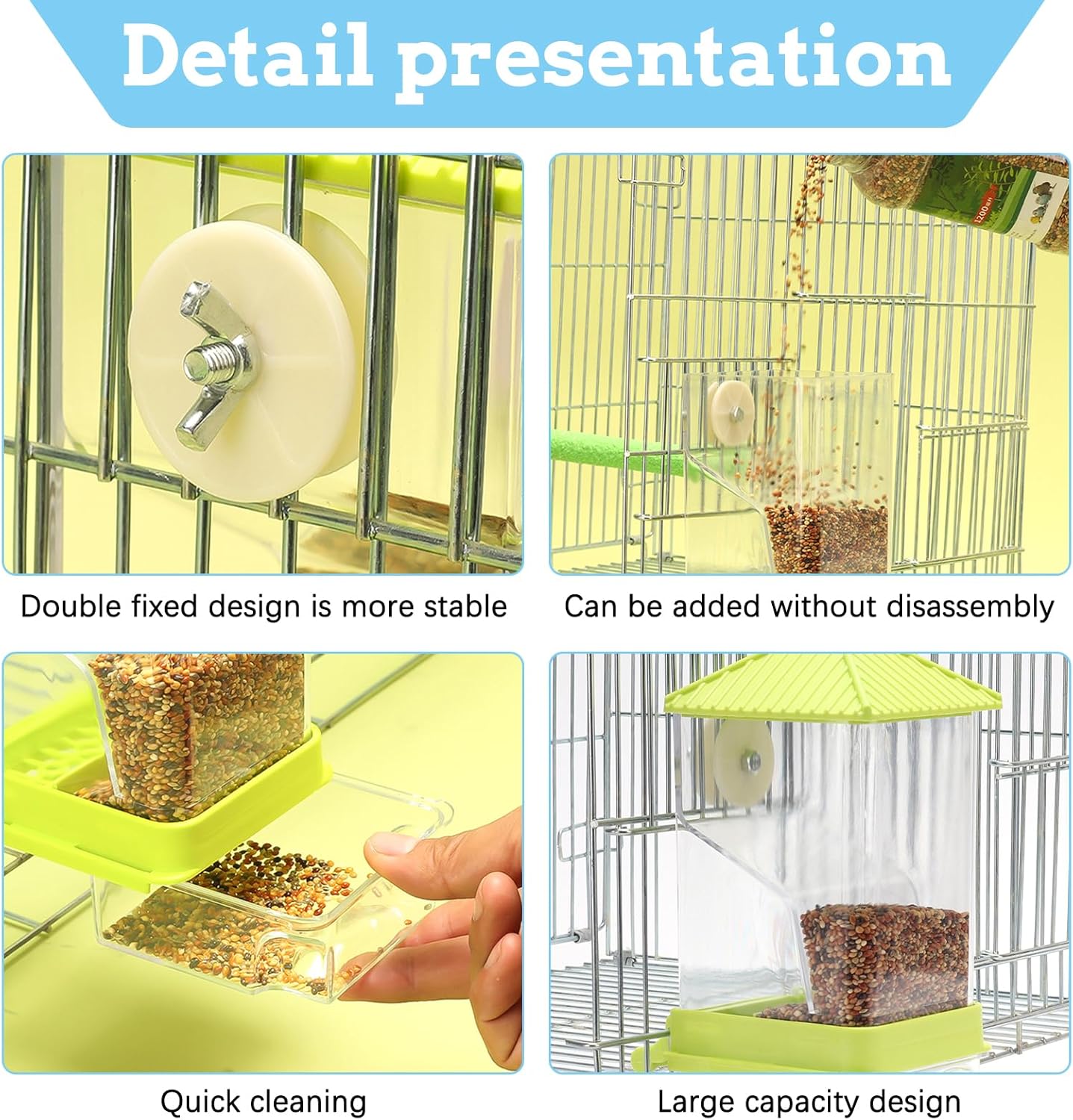 Hamiledyi No Mess Bird Feeders Water Dispenser Set Parakeet Seed Container Automatic Cage Feeder with Perch Transparent Cage Accessories for Budgies, Parakeets, Canaries, Lovebirds, Finches