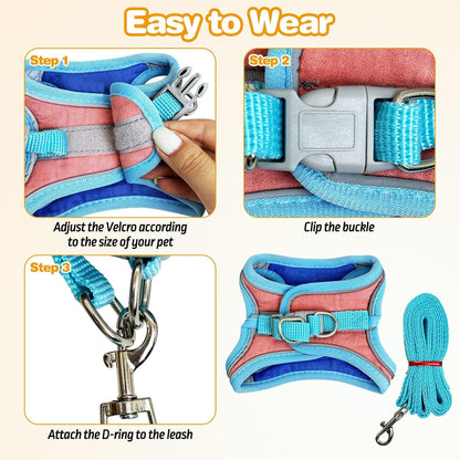 PINVNBY 2 Pack Bunny Hsrness and Leash Set Adjustable Rabbit Harness with Reflective Strips Double Buckle Pet Vest Eescape Proof for Small Rabbit Kitten Puppy Walks Accessories (Blue Pink, M)