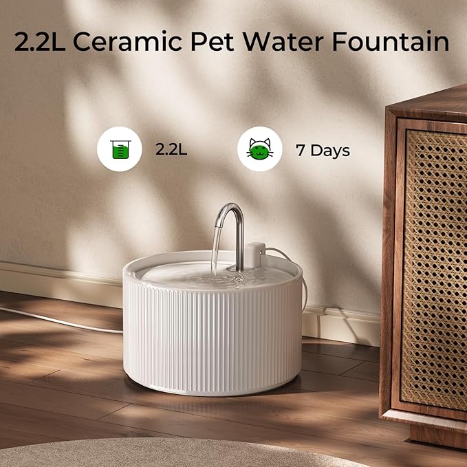 Voluas Ceramic Cat Water Fountain, 2.2L/74oz Cat Fountains for Drinking Indoor, Automatic Pet Water Dispenser with Ultra-Quiet Pump and Replacement Filter, Kitty Watering Supplies, Easy Clean BPA-Free