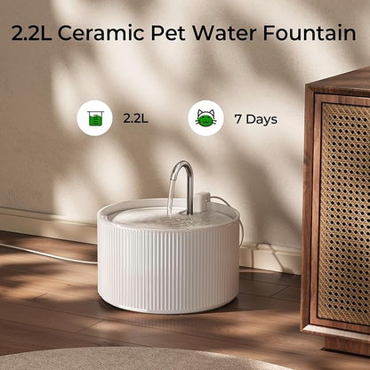 Voluas Ceramic Cat Water Fountain, 2.2L/74oz Cat Fountains for Drinking Indoor, Automatic Pet Water Dispenser with Ultra-Quiet Pump and Replacement Filter, Kitty Watering Supplies, Easy Clean BPA-Free