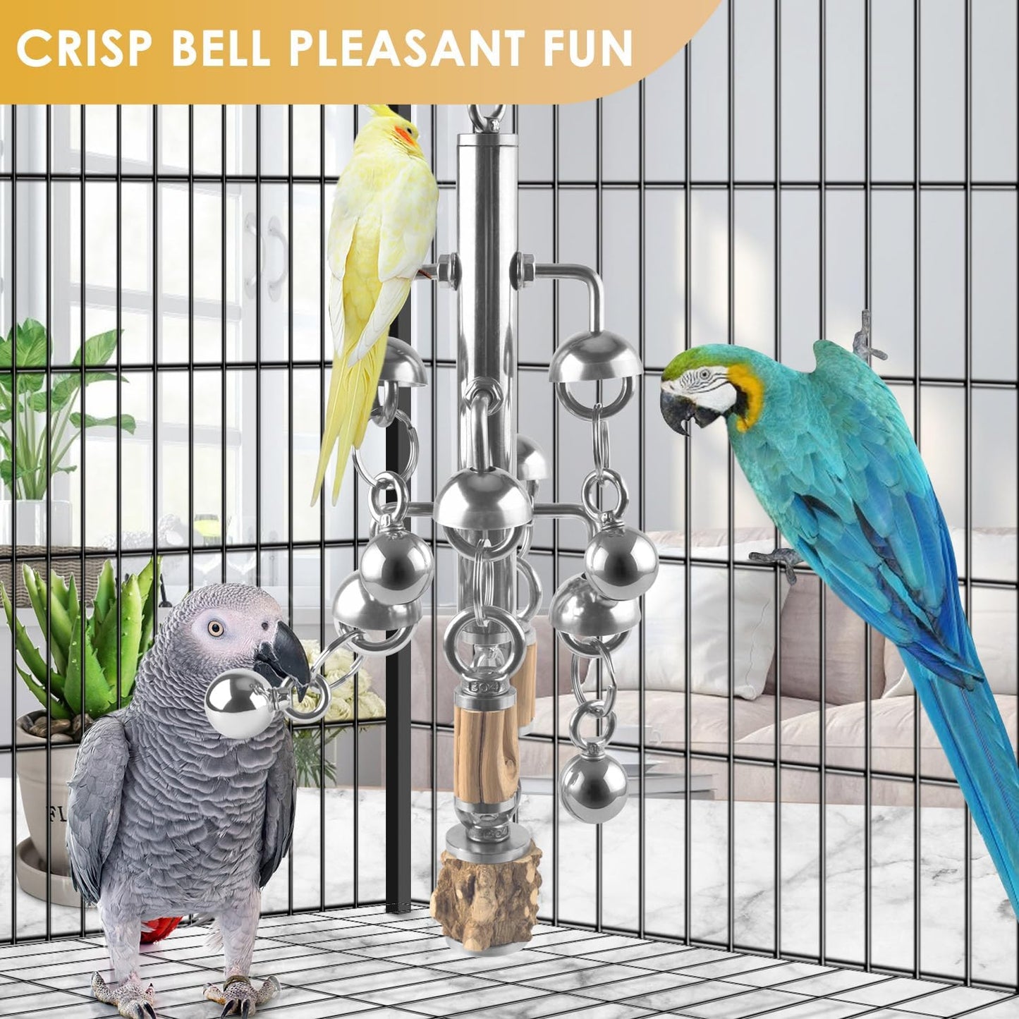 KATUMO Large Bird Toys, Natural Wooden and 304 Stainless Steel Bell Toy for Parrots, 1.46 LB Heavy Birds Cage Toy for Amazon Parrot, African Greys, Budgies, Lovebirds, Cockatiels,Cockatoo