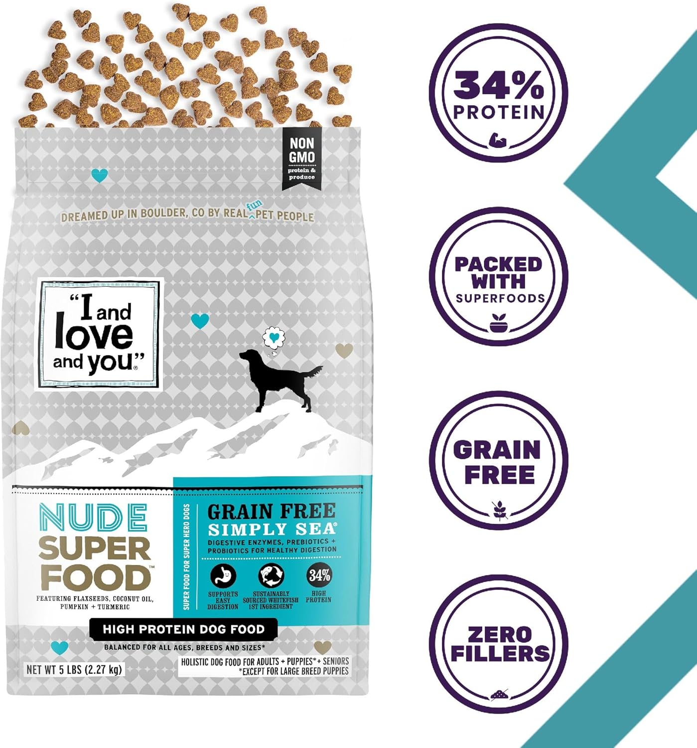 I AND LOVE AND YOU Nude Super Food Dry Dog Food - Salmon + Whitefish - Prebiotic + Probiotic, Grain Free, Real Meat, No Fillers, 23lb Bag