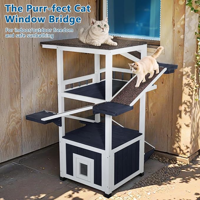 4 Tiers Outdoor Cat House Weatherproof Cat Tree Tower 45.1" H Feral Cat Shelter Outside Enclosure Multi-Level Play Zones Waterproof Roof 2 Escape Doors, 2 Removable Floors for Multiple Cats