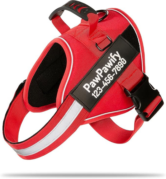 PawPawify Custom No Pull Dog Harness with Name and Phone Number, Heavy Duty Personalized Pet Vest to Prevent Tugging, Pulling, or Choking, Training and Walking (New Red, L (40-60 LBS))