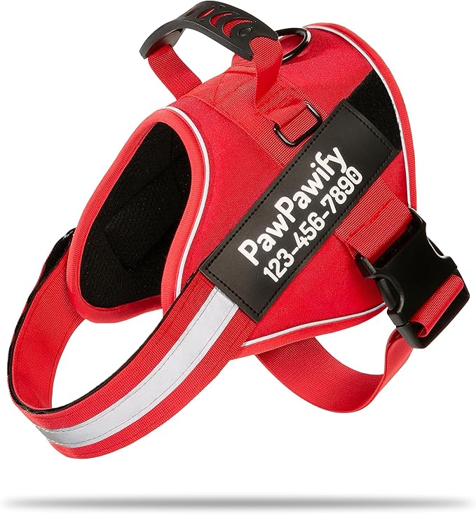 PawPawify Custom No Pull Dog Harness with Name and Phone Number, Heavy Duty Personalized Pet Vest to Prevent Tugging, Pulling, or Choking, Training and Walking (New Red, M (20-40 LBS))