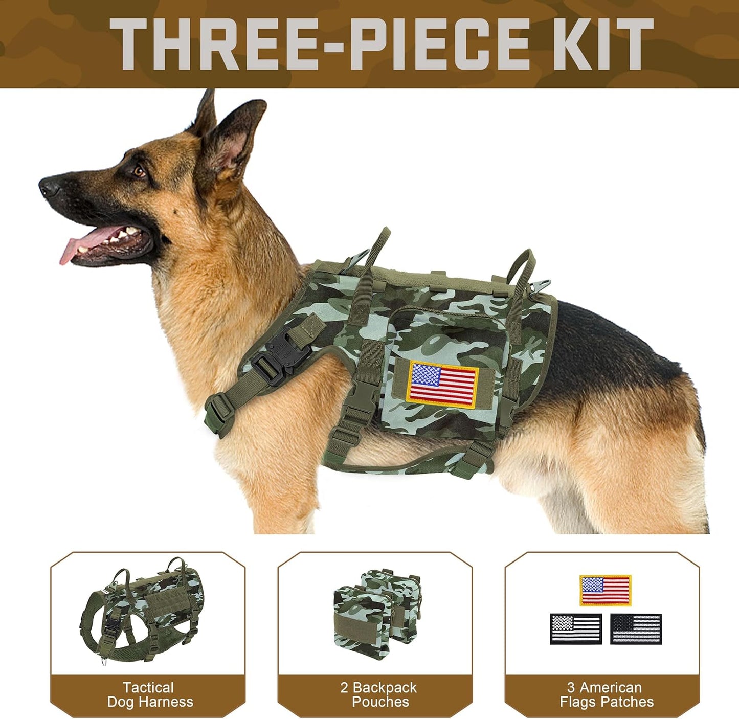Forestpaw Dog Harness Medium Sized,Tactical Dog Harness with Handle,No Pull Military Style Service Dog Vest with Pockets Adjustable for Medium Large Dogs,Camouflage Green,Chest 21.5-45"