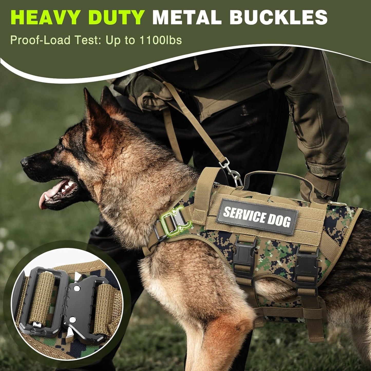 WINSEE Tactical Dog Harness with Dog Leash, Service Working MOLLE Vest with 10 Pet Patches for Dog, No Pull Military Harness and Backpack for Training Hunting Walking