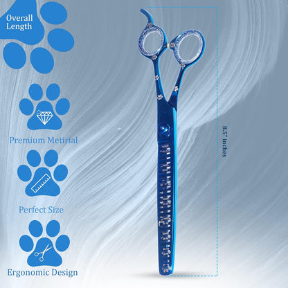 Professional Dog Grooming Chunker Shears/Scissors with Paw Prints for Dogs, Cats & Pets (Right Handed, Blue, Stainless Steel 8 Inch)