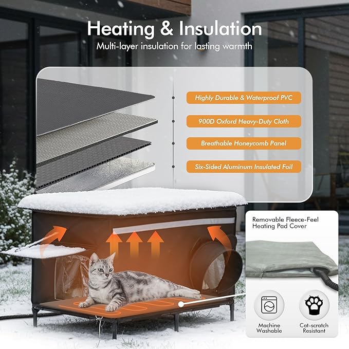 Heated Outdoor cat House for Outside, Weatherproof Insulated Feral Cat Shelter with Timer-Temp Control Heating Pad in Winter, Large Elevated Outdoor Cat House with Zipper, 2 Doors, Safety- Black