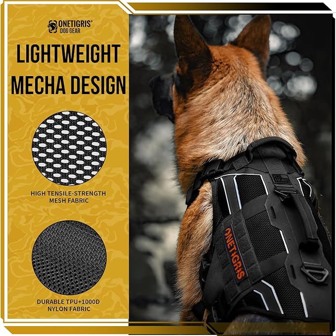 OneTigris Tactical Dog Harness for Large Dogs, Adjustable Tactical Dog Harness with Handles, Reflective Vest Heavy Duty & Breathable Military Assistance Vest with No Pull Buckle, Black