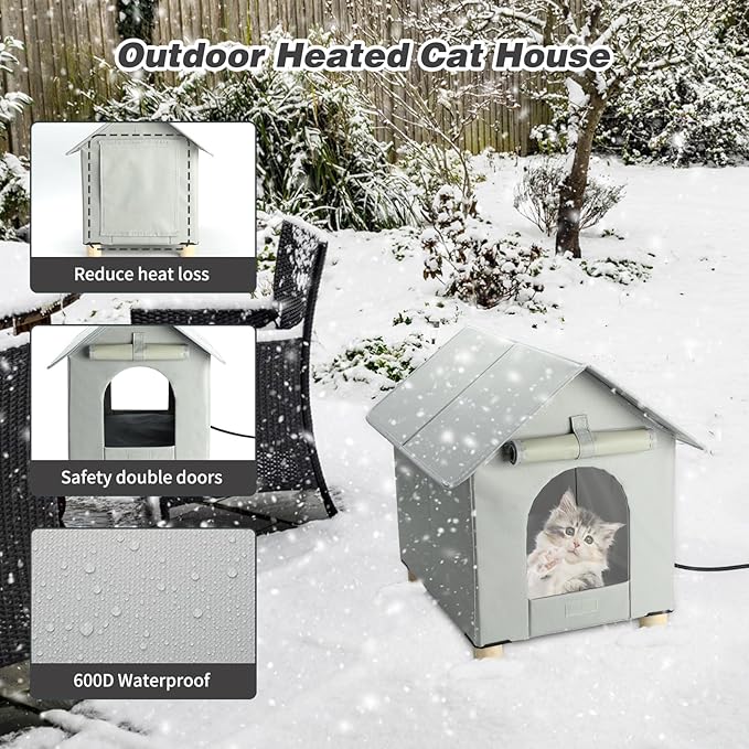 BWOGUE Large Elevated Heated Cat House for Outdoor Cats in Winter, Waterproof & Insulated Feral Cat Shelter for Outside Cats,Weatherproof Feral Cat House for Outside(Large Grey)