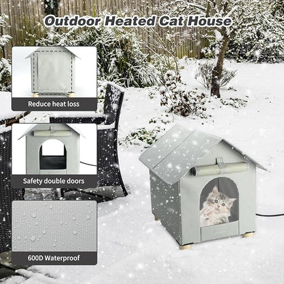 BWOGUE Large Elevated Heated Cat House for Outdoor Cats in Winter, Waterproof & Insulated Feral Cat Shelter for Outside Cats,Weatherproof Feral Cat House for Outside(Large Grey)