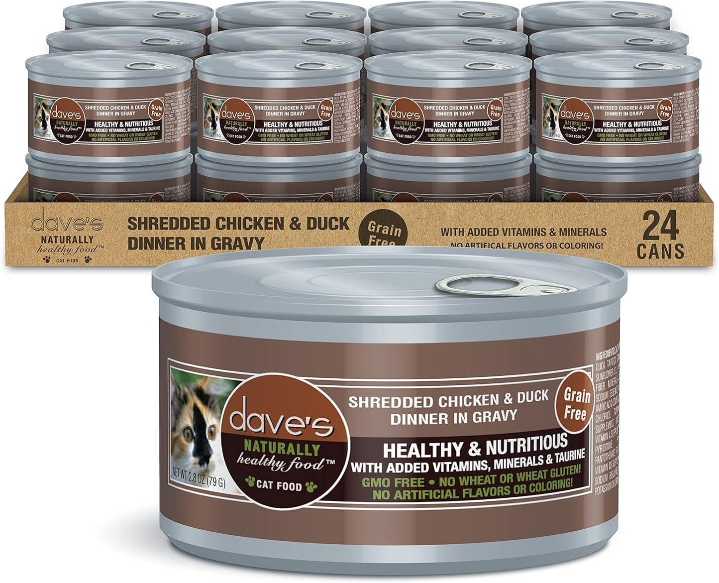 Dave's Pet Food Grain Free Wet Cat Food (Shredded Chicken & Duck in Gravy), Naturally Healthy Canned, Added Vitamins & Minerals, Wheat, Gluten, & GMO-Free, 2.8 oz (24 Pack)