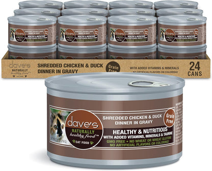 Dave's Pet Food Grain Free Wet Cat Food (Shredded Chicken & Duck in Gravy), Naturally Healthy Canned, Added Vitamins & Minerals, Wheat, Gluten, & GMO-Free, 2.8 oz (24 Pack)