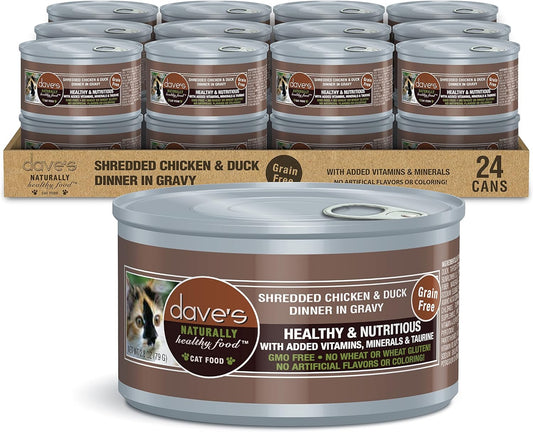 Dave's Pet Food Grain Free Wet Cat Food (Shredded Chicken & Duck in Gravy), Naturally Healthy Canned, Added Vitamins & Minerals, Wheat, Gluten, & GMO-Free, 2.8 oz (24 Pack)