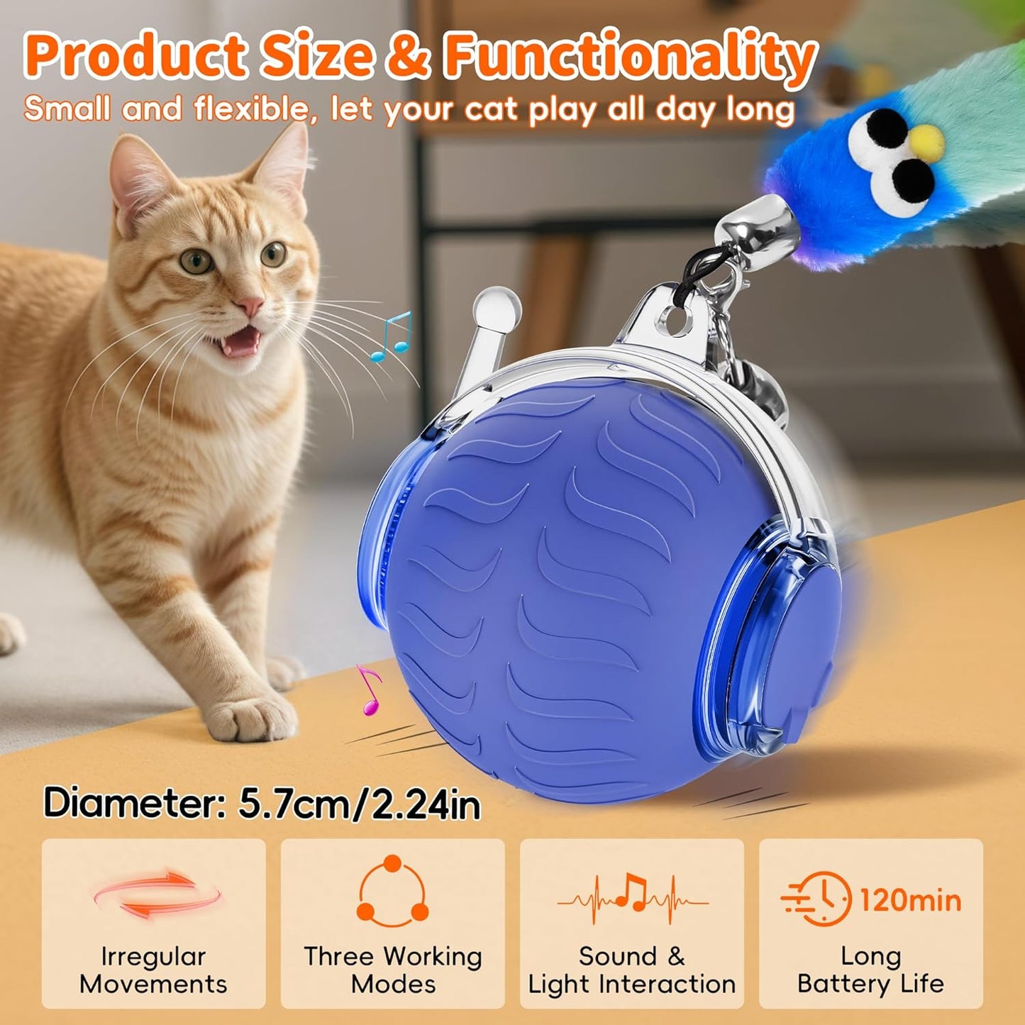 UPSKY Interactive Cat Toy Ball for Indoor Cats, Automatic Moving Electric Rolling Cat Ball Toy, 3-Speed Modes Smart Kitten Toys with Sounds, USB Rechargeable & Sturdy for Bored Kittens/Adult Cats