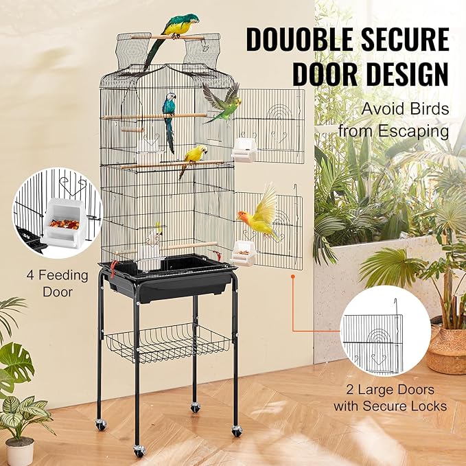 VEVOR 64-inch Open Top Large Parrot Bird Cage with Detachable Rolling Stand for Parakeets Finches Canaries Lovebirds Cockatiels Budgies Small Quaker Conures Flight Birdcage with Swing and Perch