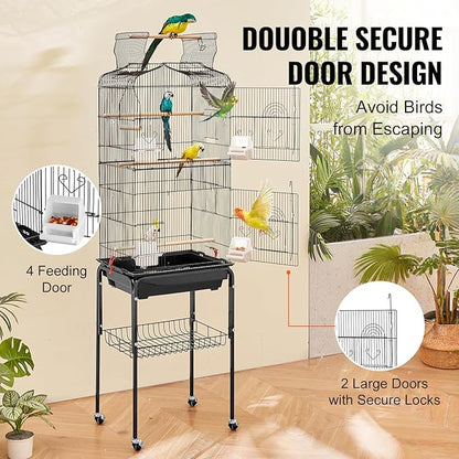 VEVOR 64-inch Open Top Large Parrot Bird Cage with Detachable Rolling Stand for Parakeets Finches Canaries Lovebirds Cockatiels Budgies Small Quaker Conures Flight Birdcage with Swing and Perch
