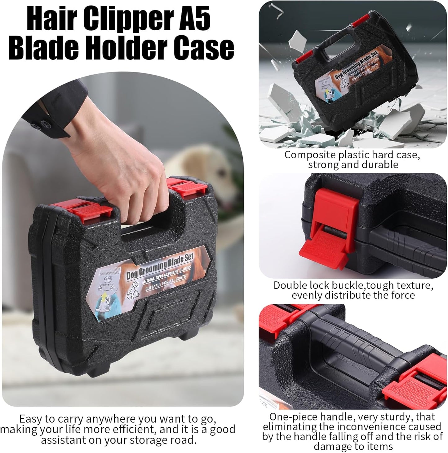 4 Pack Detachable Dog Grooming Steel Blades with Blade case Holder,Compatible with Andis,Oster A5,Wahl KM-10 Series,Cutting Length 1/16" to 3/8"(10+7FC+5FC+4FC-Black)