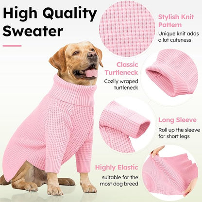 Queenmore Dog Sweaters for Large Dogs, Plaid Large Dog Sweater, Turtleneck Pet KintSweater with Check Pattern, Long Sleeve Holiday Pet Knitwear, Pink L
