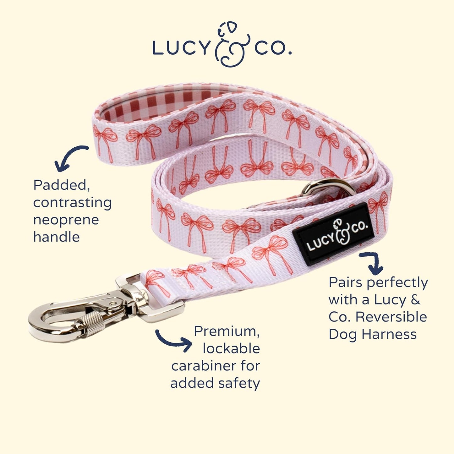 Lucy & Co. Designer Dog Leash - Pet Accessories - Thick Dog Leash - Padded Handle for Comfort - Ballet Bows - 5 Foot (White & Pink Bows, Small)
