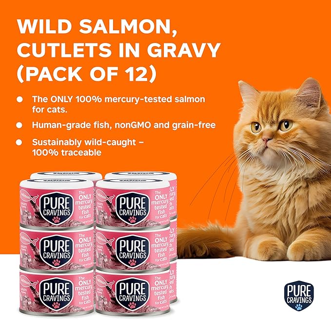 Pure Cravings Wet Cat Food Canned Salmon Cutlets in Gravy, 100% Mercury-Tested, Moist Can Fish for Cats, Grain-Free, Protein, Non-GMO, Pack of 12