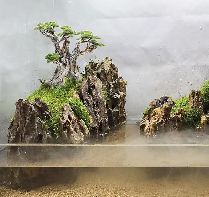 Fish Tank Decor- Bonsai Tree of The Forest with Faux Moss- Aquarium Decoration Aquascaping- Made of Sandstone, 8.8 x 4.3 x 7.8 inches