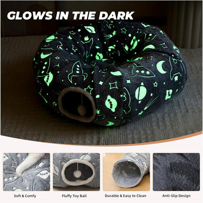 Large Cat Tunnels Bed Tube for Indoor Cats Glows in The Dark Cat Tunnel with Cushion and Plush Ball Toy Longer Playground Toys for Dog Puppy Kitten Rabbit Bunnies Ferret Pet Gray