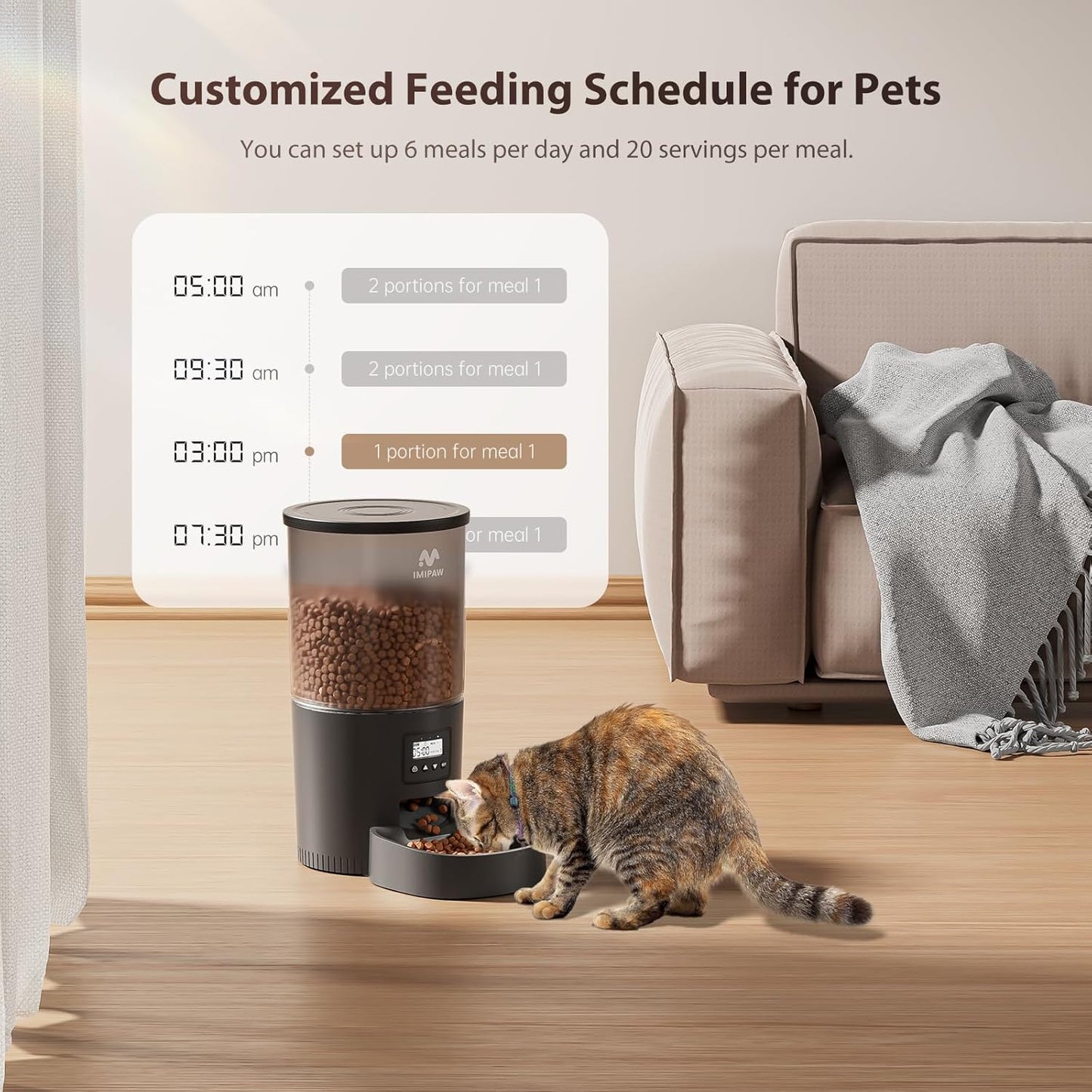IMIPAW Automatic Cat Feeders, 5L Large Capacity, Timed Feeding Dry Food, Dual Power Design, Programmable Portion Size, 1-6 Meals Per Day, with Desiccant, Suitable for Small Pets Food Dispenser, Black