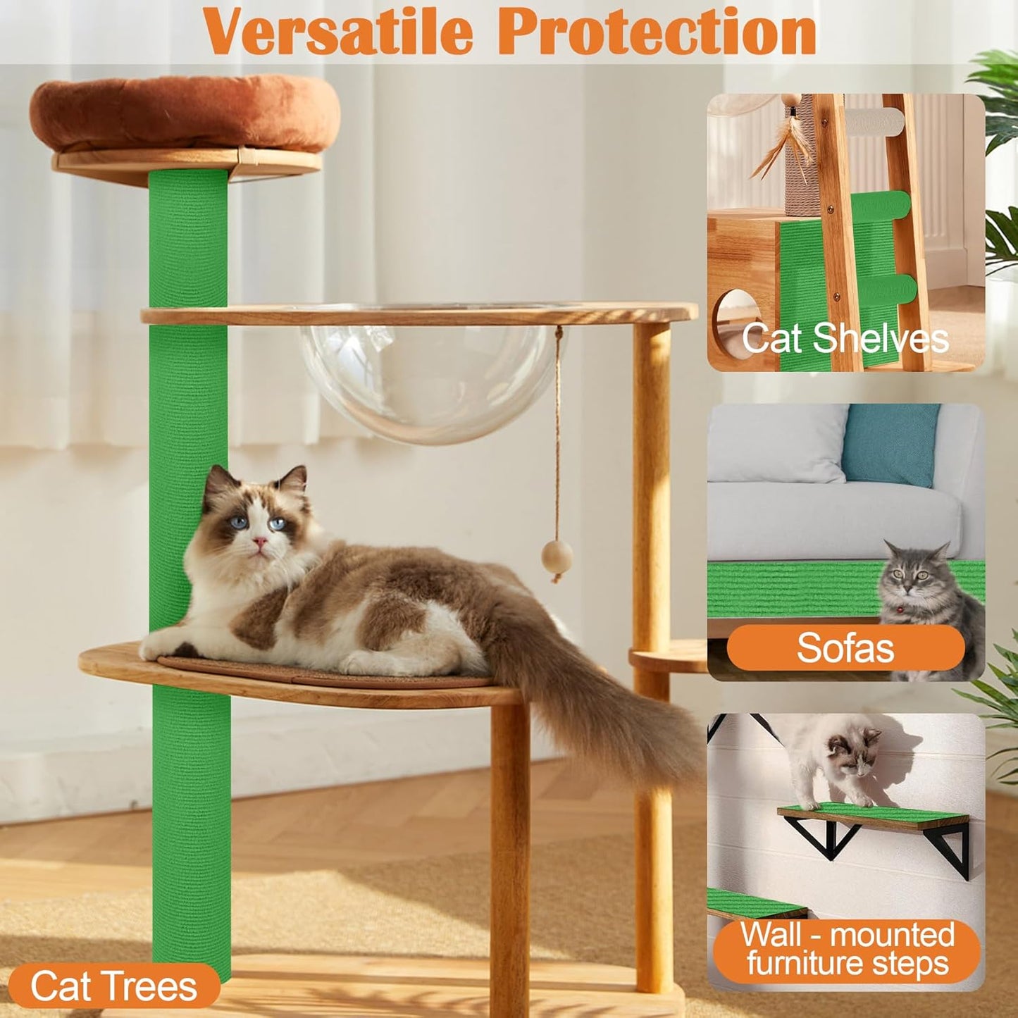 Cat Scratch Furniture Protector - 100" x 13.8" Trimmable Self-Adhesive Cats Claws Scratch Pads, DIY Cat Climbing Couch Protector for Scratch Post Cat Tree Replacement Indoor (Green)