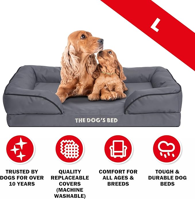 The Dog’s Bed, Orthopedic Standard Foam Waterproof Dog Bed with Standard Support, Large Grey with Black Trim, Waterproof, Supportive Dog Bed with Replaceable Covers
