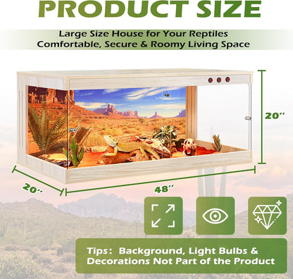 Royxen Tempered Glass Reptile Enclosure,Reptile Tank with Wooden Mesh Top and Lockable Design,79 Gallon Bearded Dragon Tank for Lizard Gecko Tortoise Snake Habitat,48" x 20" x 20",Oak