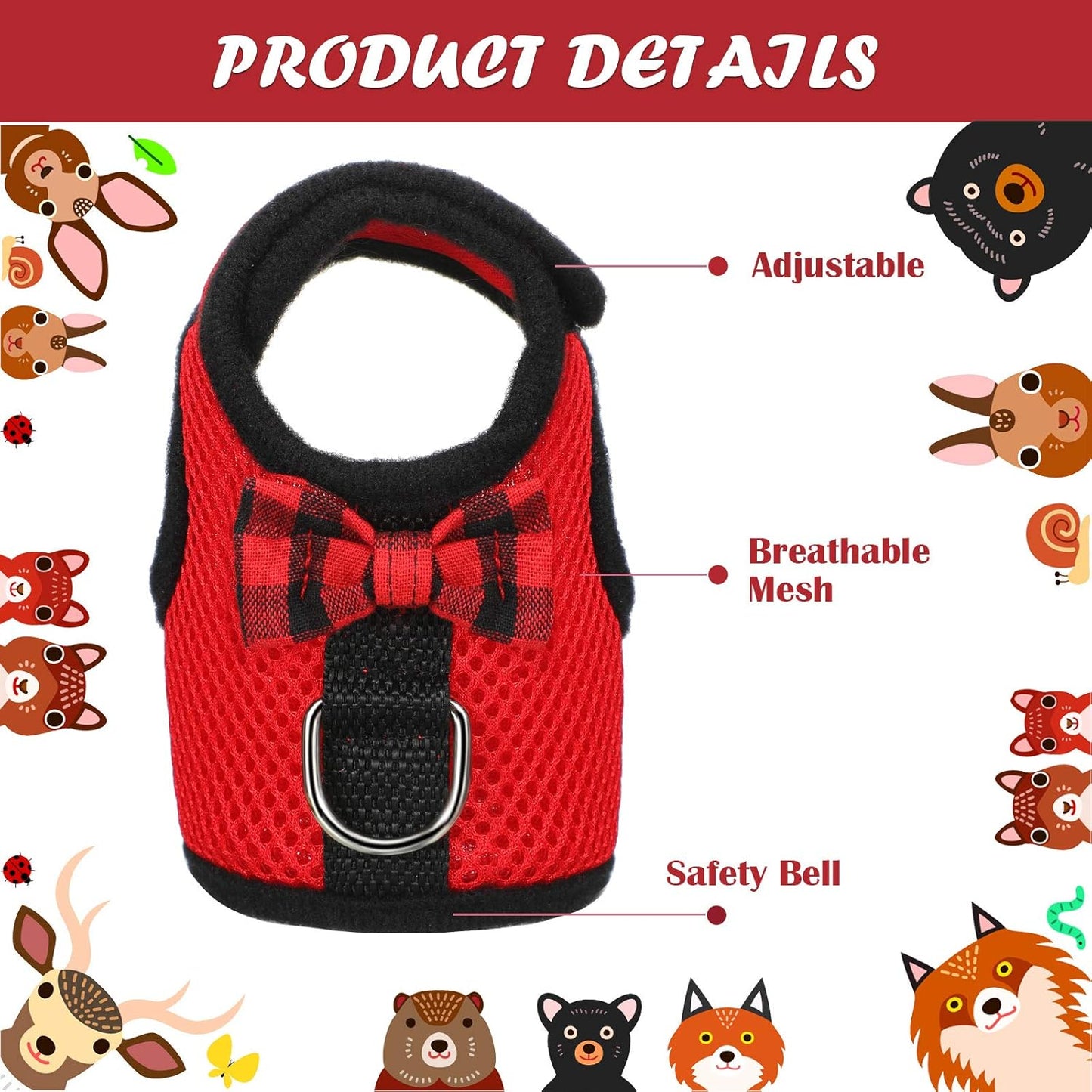 4 Pieces Guinea Pig Harness and Leash Soft Mesh Small Pet Harness with Bowknot Bell, No Pulling Comfort Padded Vest for Guinea Pigs, Ferret, Chinchilla, Bunny, Rats, Iguana, Hamster