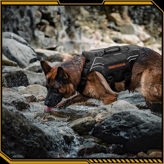 OneTigris Tactical Dog Harness for Large Dogs, Adjustable Tactical Dog Harness with Handles, Reflective Vest Heavy Duty & Breathable Military Assistance Vest with No Pull Buckle, Black